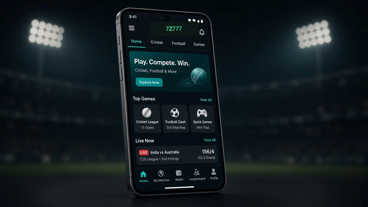 7Z777 guide on mobile: app on a phone with stadium lights behind